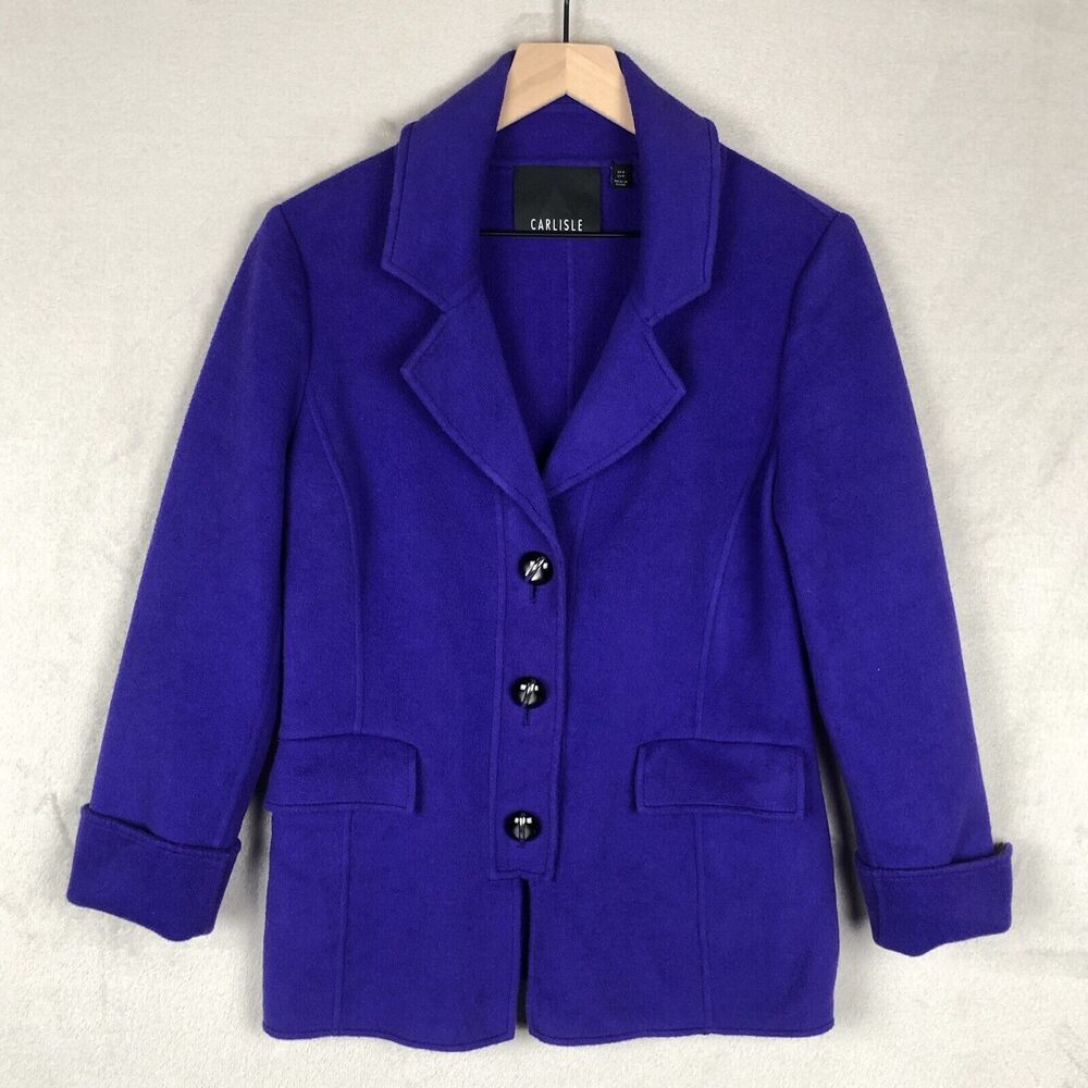 VTG CARLISLE Wool Jacket Sz 6 Purple Three Button Pockets Notch‎ Split Cuff Slv